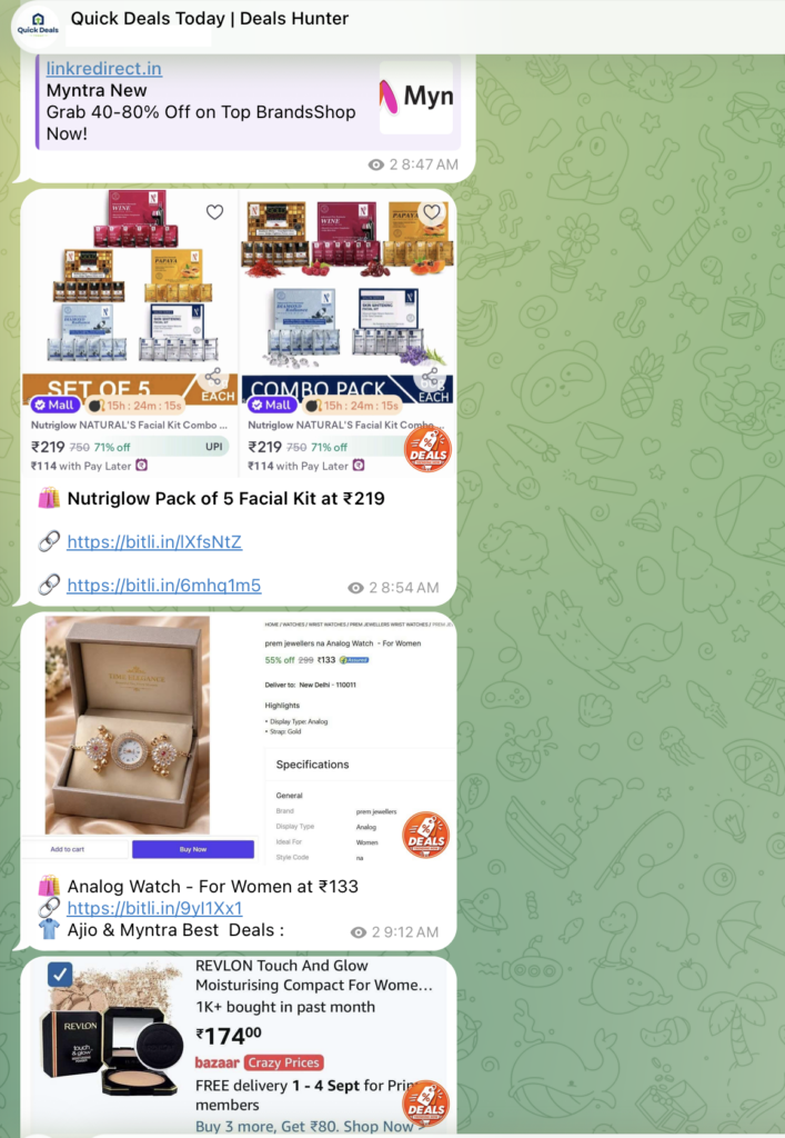 Quick Deals Today verified deals feed: 71% off Nutriglow facial kit combo, 55% off analog watch, and Revlon compact offer