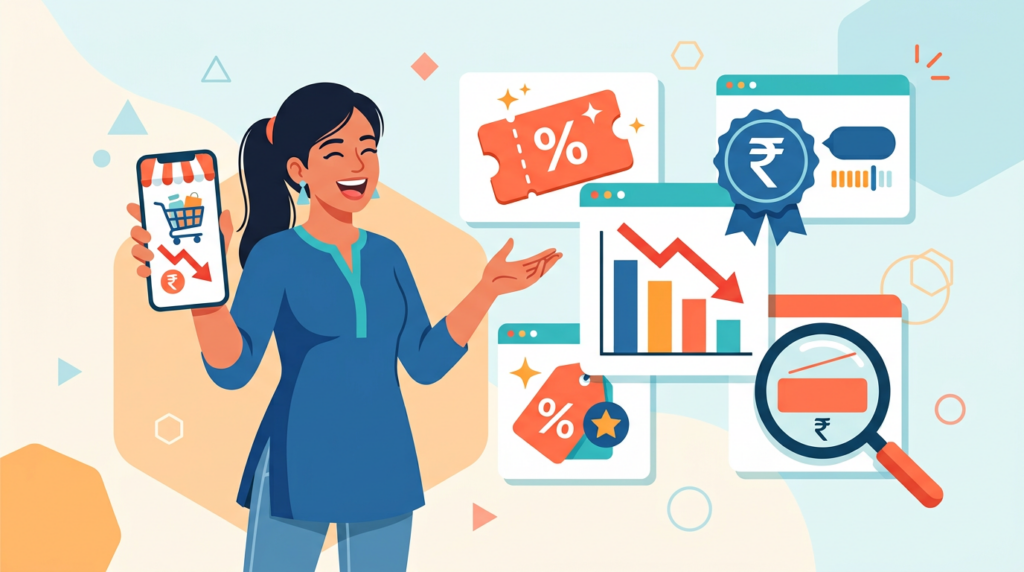 Indian online shopper comparing prices and finding hidden deals and discounts while shopping online