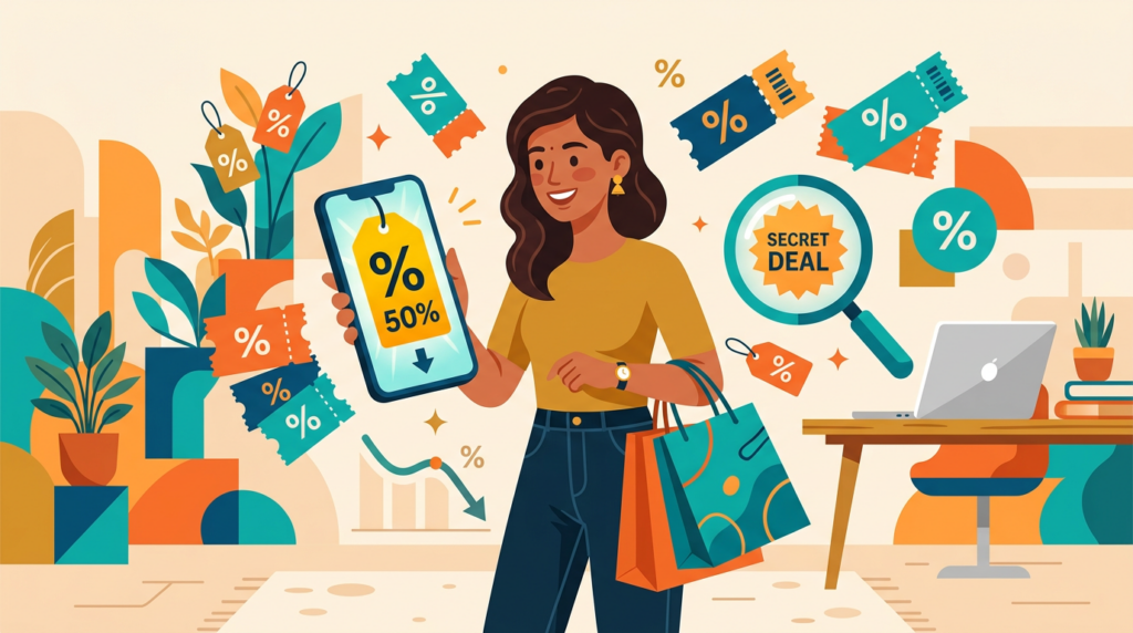 How to Find Secret Discounts Before They Disappear: 10 Smart Shopping Tricks Shopper discovering hidden online discounts on a smartphone surrounded by coupon tags and a price-drop graph